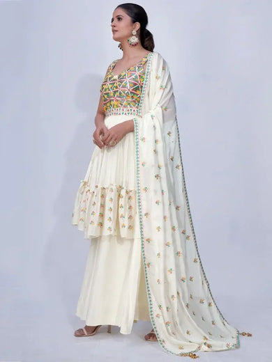 Adorable White Thread Embroidery Chiffon Ready-Made Palazzo Suit